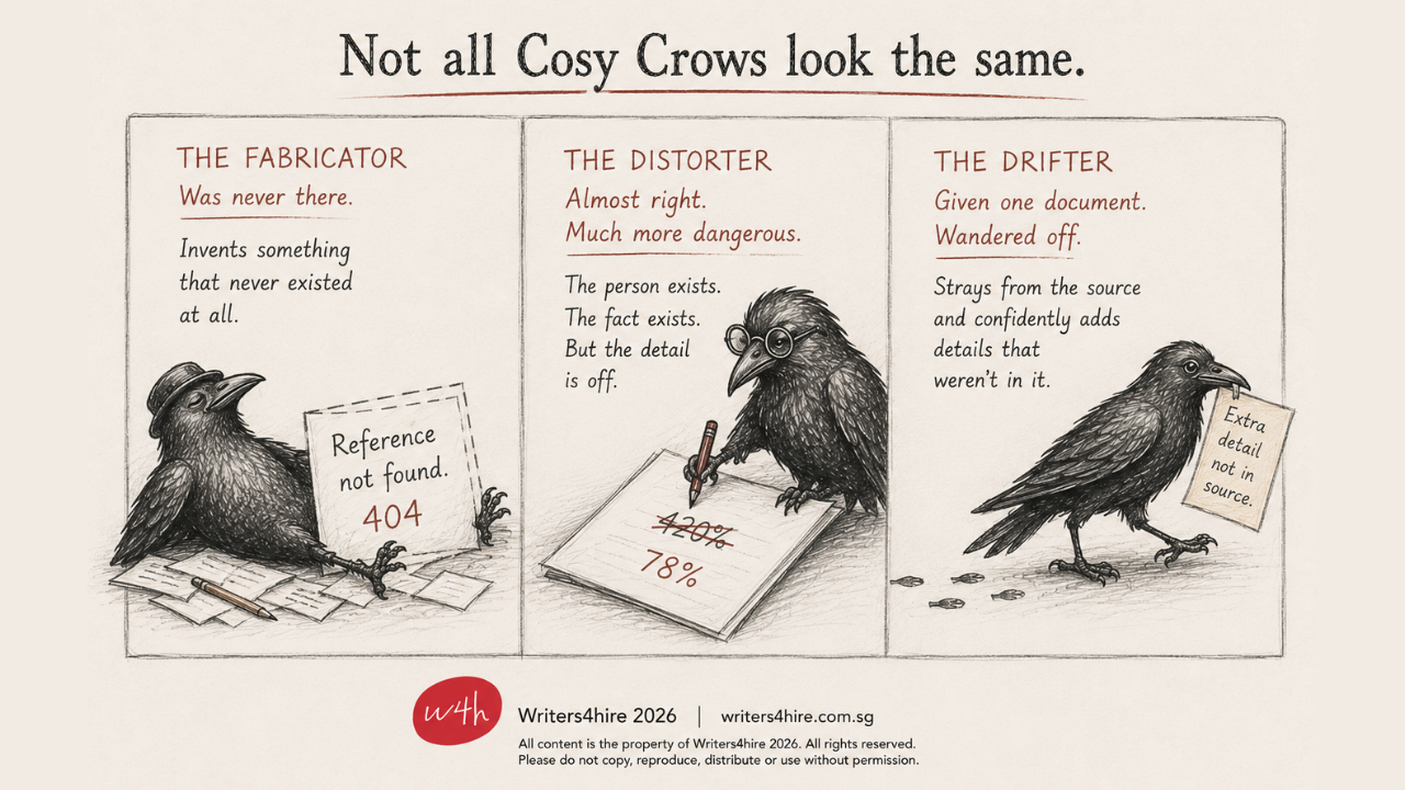 Infographic titled “Not all Cosy Crows look the same,” comparing three types of unreliable AI-generated content: The Fabricator, who invents nonexistent information; The Distorter, who presents mostly accurate information with incorrect details; and The Drifter, who adds unsupported details that are not present in the original source.