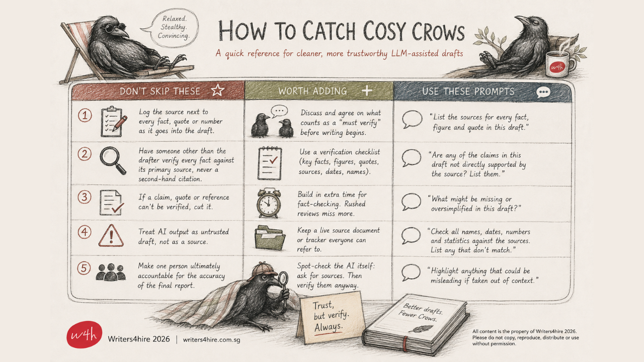 Infographic titled “How to Catch Cosy Crows,” providing guidance for creating trustworthy AI-assisted drafts. It recommends logging sources, independently verifying facts, removing unverifiable claims, treating AI output as an untrusted draft, and assigning accountability for accuracy. It also suggests verification checklists, source tracking, extra fact-checking time, and prompts for identifying unsupported or misleading claims.