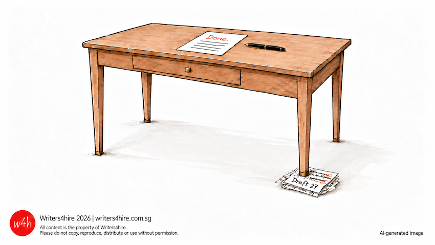 Illustration of a wooden desk with a finished page marked “Done.” and a pen on top. Under one leg, a pile of earlier drafts keeps the desk level.