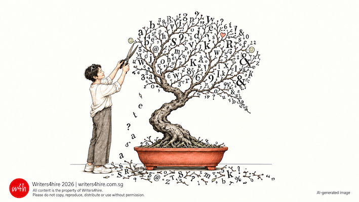 Illustration of a person trimming a bonsai tree whose leaves are letters, numbers and punctuation marks, with the clippings falling around the pot.