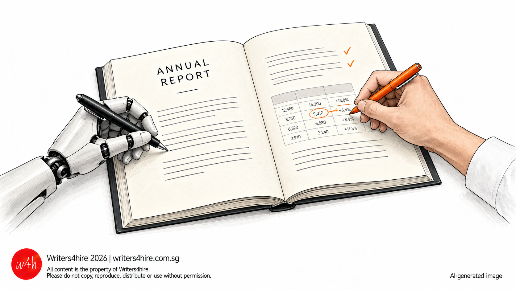 Illustration of a robotic hand and a human hand working together on an annual report.