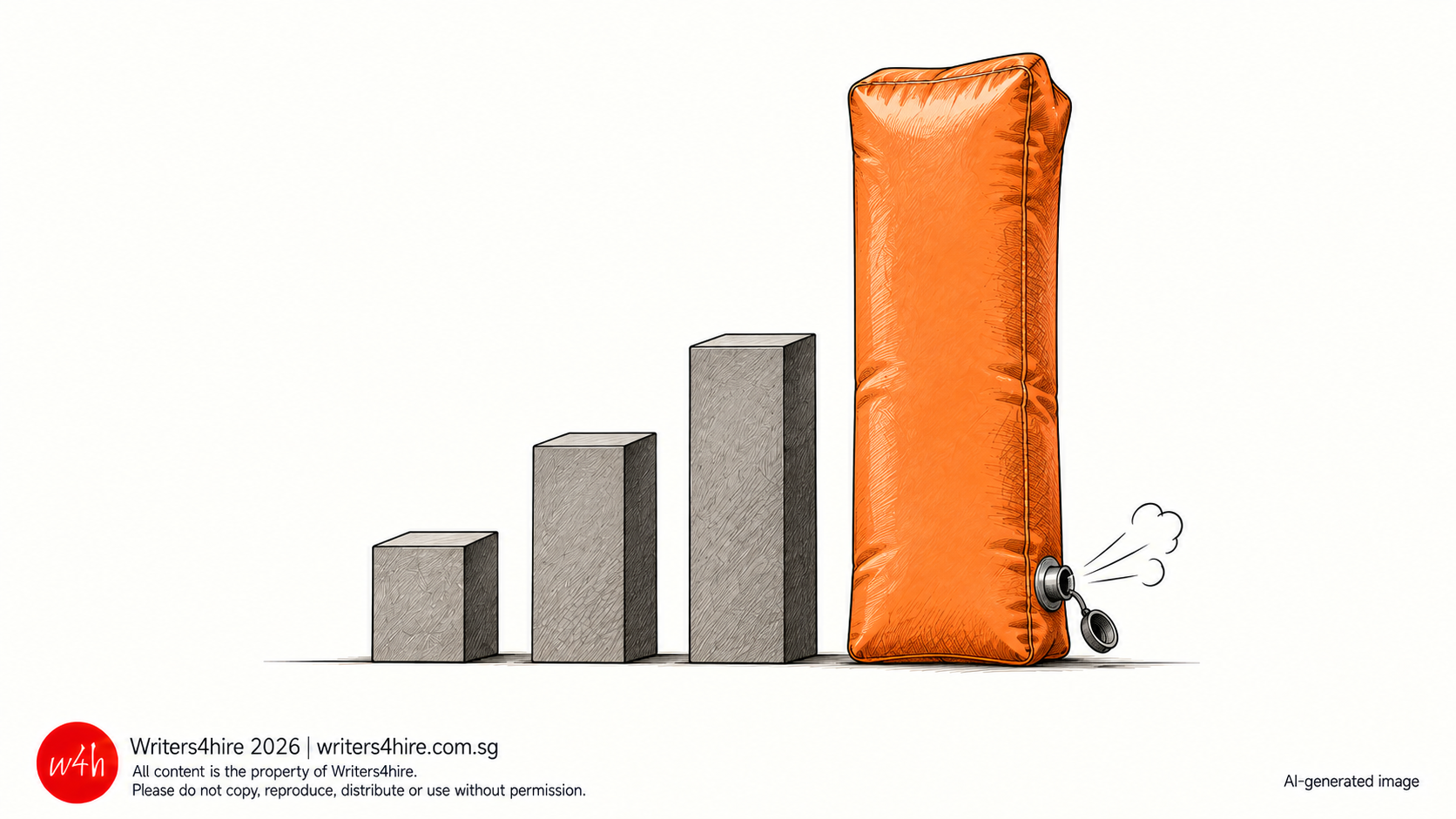 Illustration of a bar chart with three grey concrete bars rising in steps and a much taller orange bar that turns out to be an inflatable cushion, with air hissing out of its open valve.