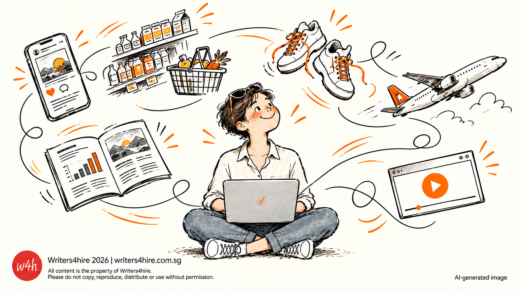 Illustration of a writer with a laptop, surrounded by sketches of the work copywriters do, from social posts to annual reports.