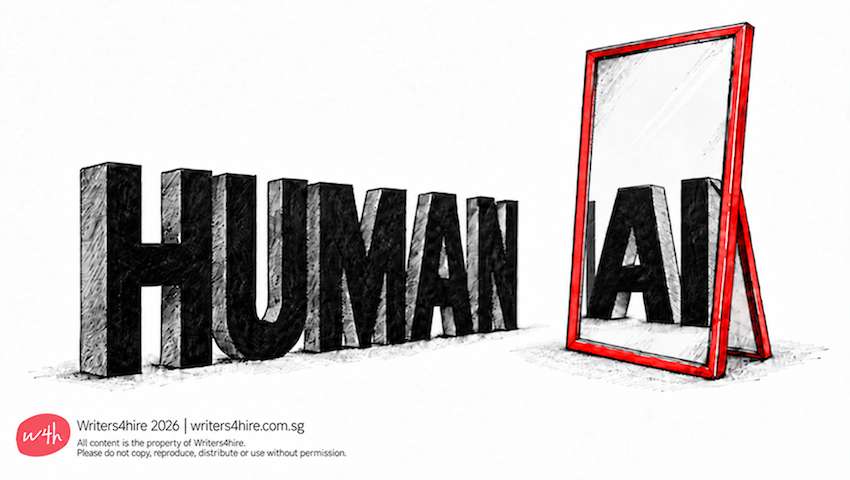 The word HUMAN reflected as AI in a red-framed mirror, illustrating how AI prompts us to rethink corporate writing.