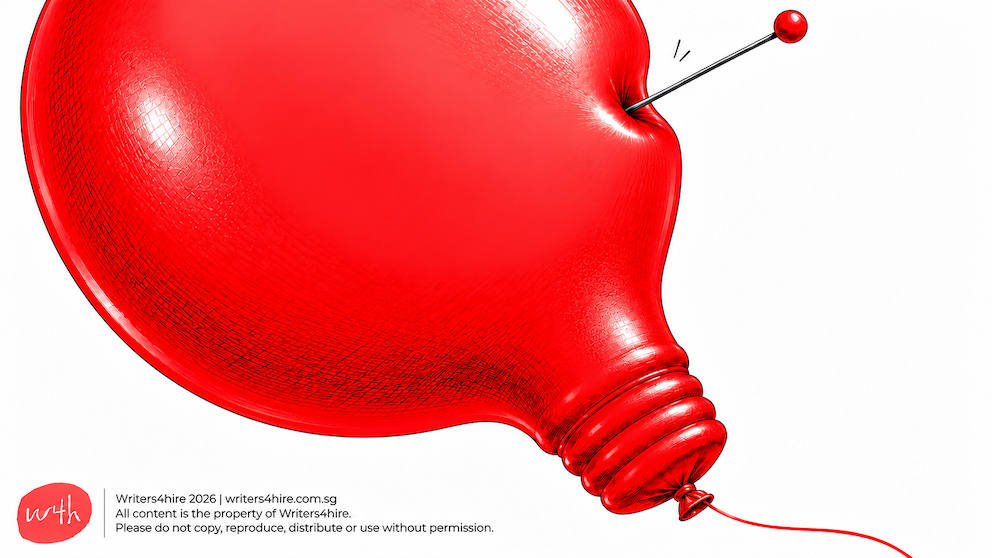 A pin presses deeply into an inflated red light-bulb balloon, poised to pop—a playful take on “Make it pop!” and finding fresh ideas in copywriting.
